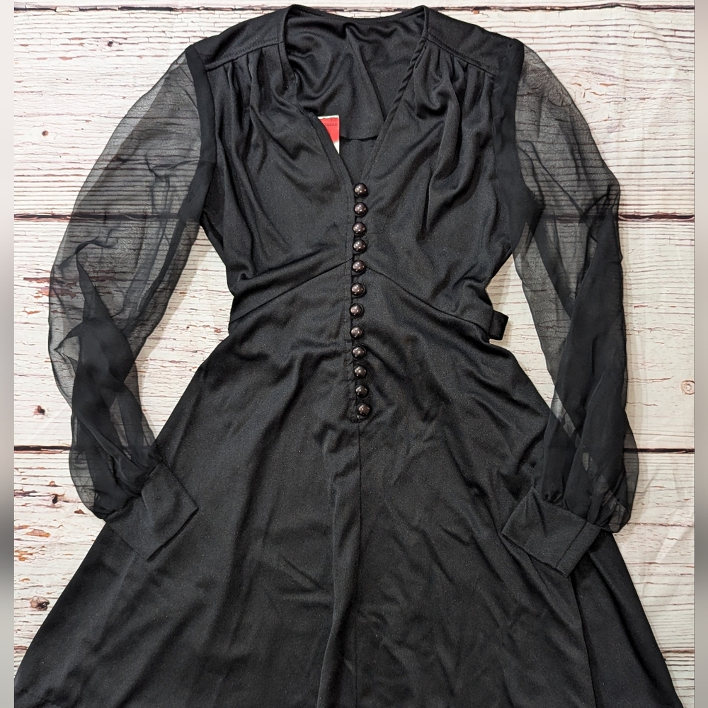 Vtg Mid Century Goth Dress 60s 70s Mod Black Xs - Picture 4 of 10